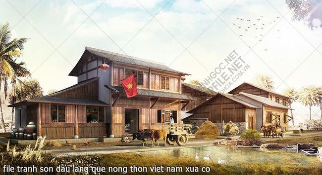 file tranh son dau lang que nong thon viet nam xua co